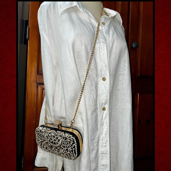Crystal Rhinestone Embellished Black Evening Bag w/Handle & Chain Strap NWT - Picture 9 of 16